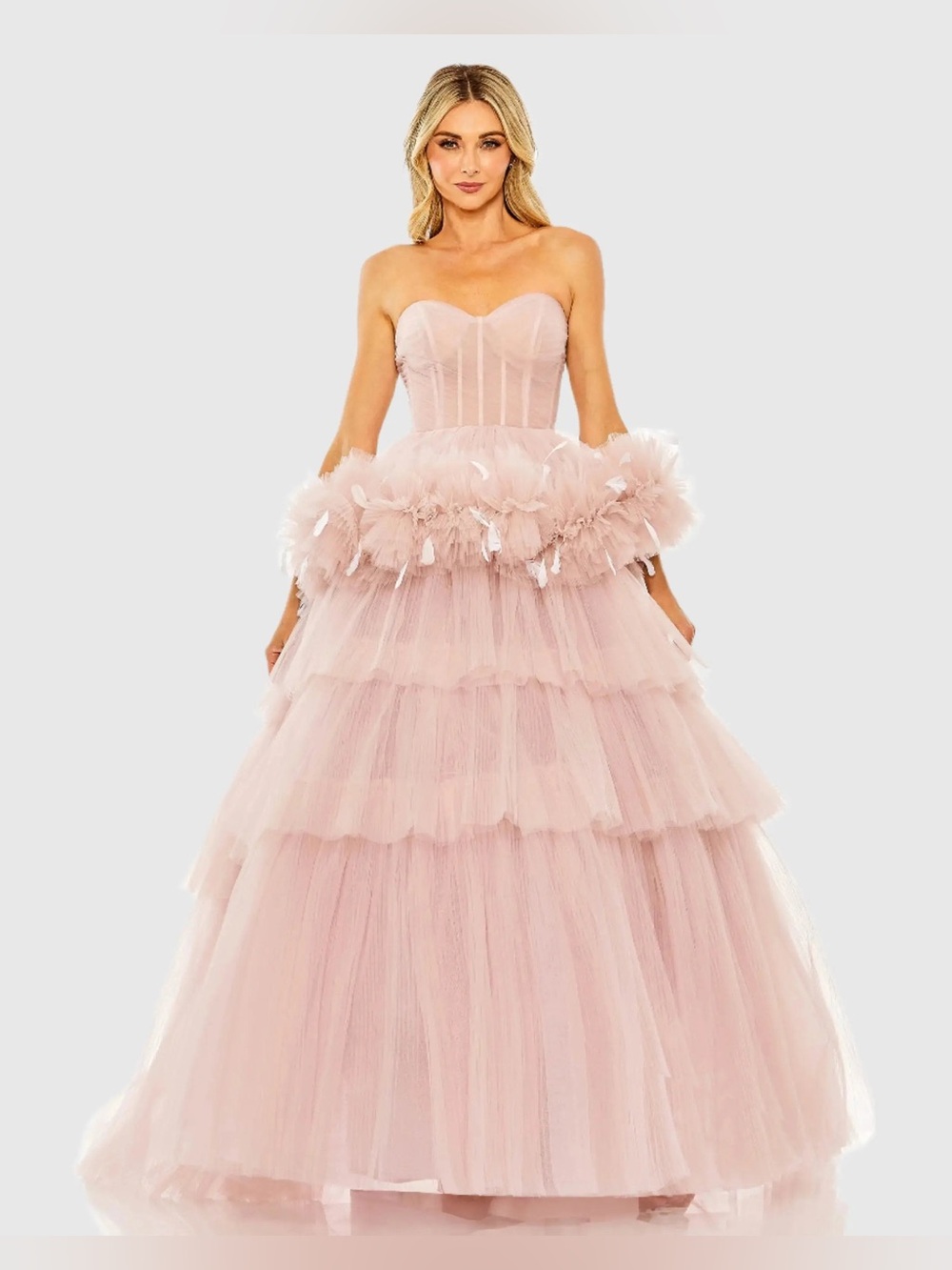 NWT Mac Duggal Strapless Feather-Trim Tiered Tulle Gown - Blush #205072 Size 12